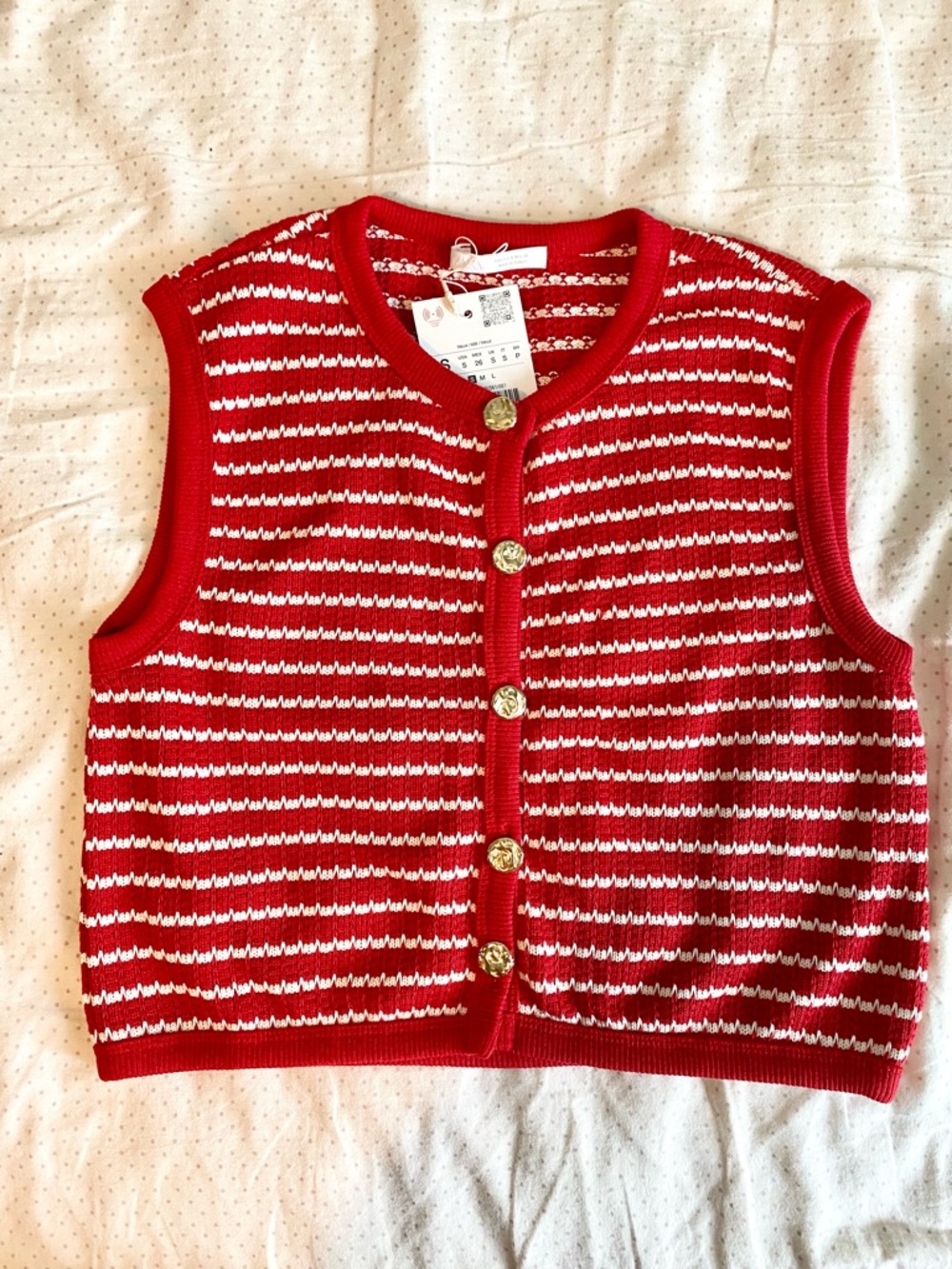 Zara Red and White Striped Knit Button Vest BUTTONED JACQUARD VEST TOP